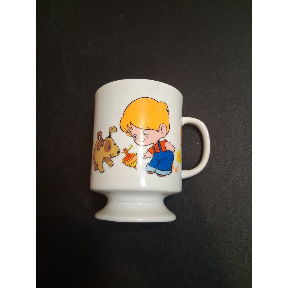 VTG Boy Japan Coffee Cup A Boy Is Poem Flowers Dog White Japan 70s 4" Footed